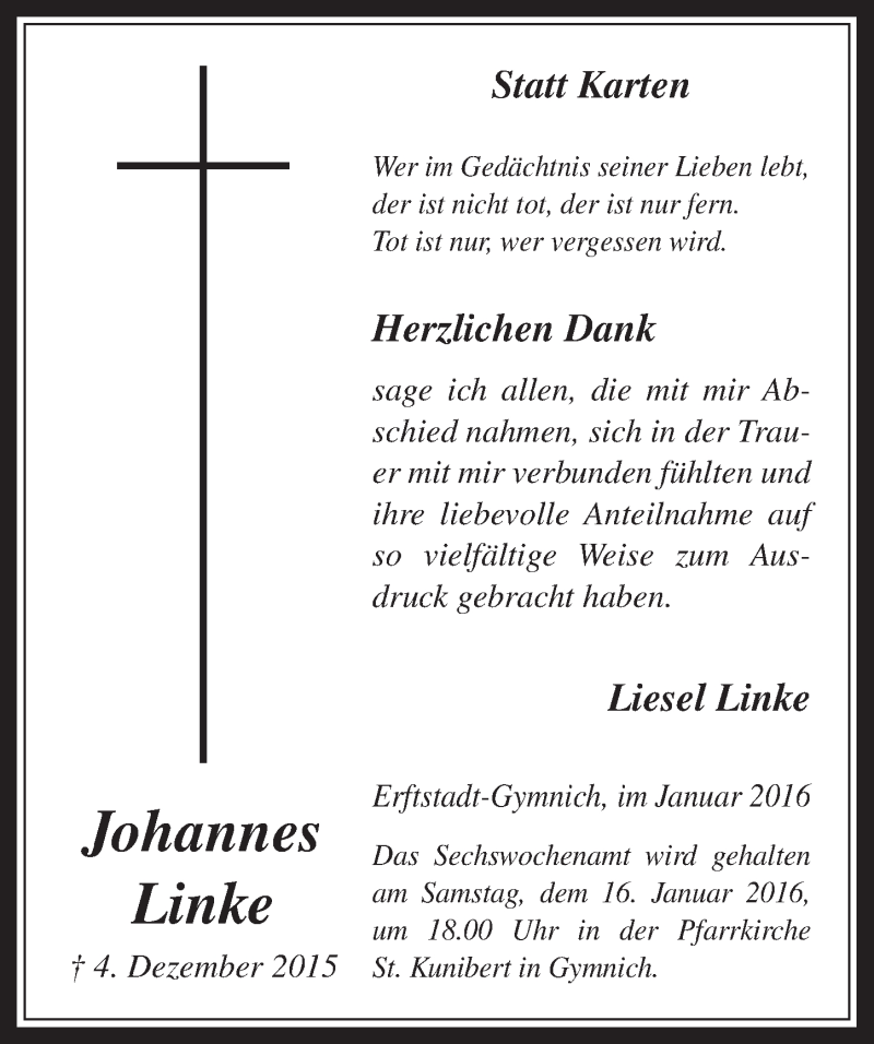  Traueranzeige für Johannes Linke vom 13.01.2016 aus  Werbepost 