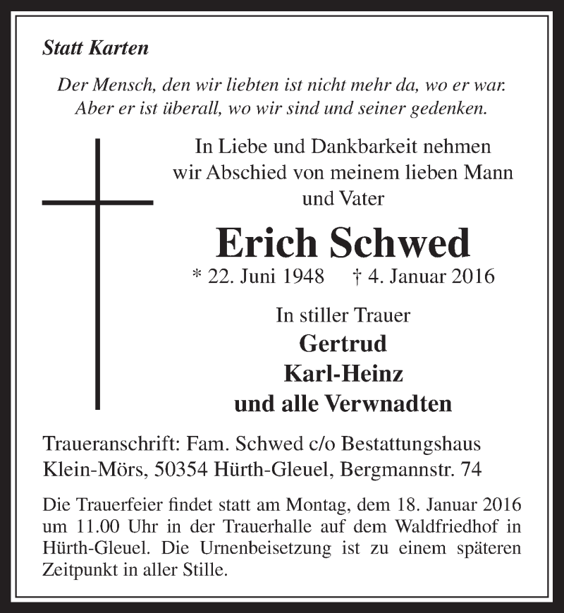 Traueranzeige für Erich Schwed vom 13.01.2016 aus  Wochenende 