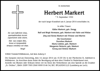 Anzeige von Herbert Markert von Kölner Stadt-Anzeiger / Kölnische Rundschau / Express