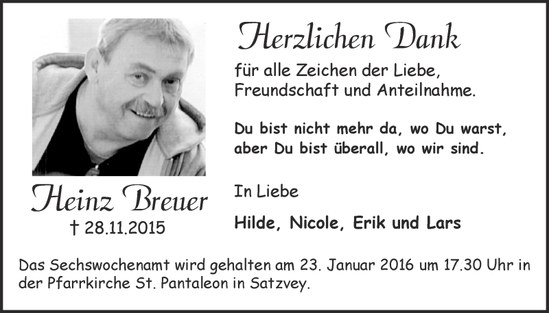  Traueranzeige für Heinz Breuer vom 17.01.2016 aus  Blickpunkt Euskirchen 