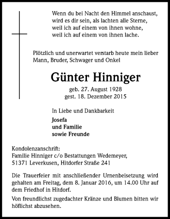 Anzeige von Günter Hinniger von Kölner Stadt-Anzeiger / Kölnische Rundschau / Express