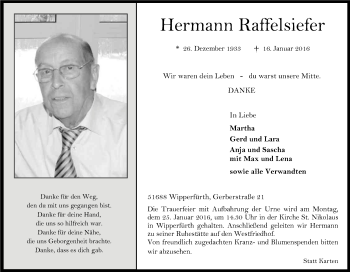 Anzeige von Hermann Raffelsiefer von Kölner Stadt-Anzeiger / Kölnische Rundschau / Express
