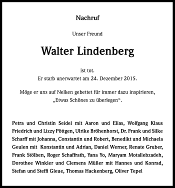 Anzeige von Walter Lindenberg von Kölner Stadt-Anzeiger / Kölnische Rundschau / Express