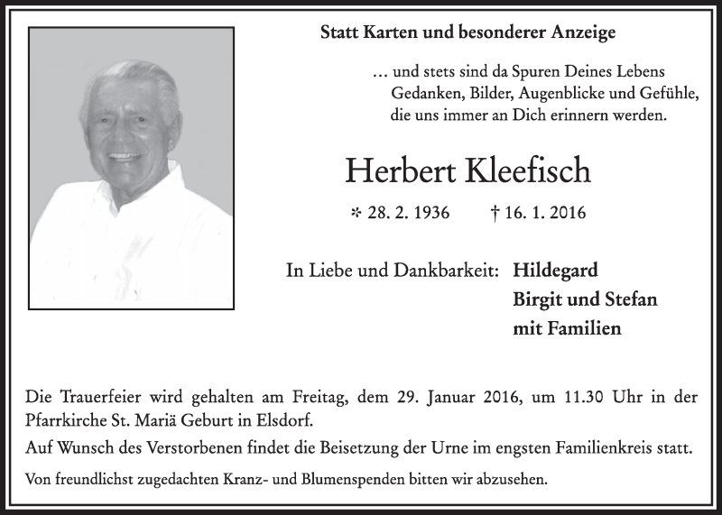  Traueranzeige für Herbert Kleefisch vom 23.01.2016 aus  Sonntags-Post 