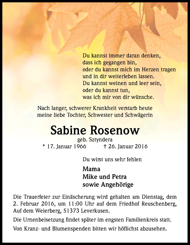  Traueranzeige für Sabine Rosenow vom 30.01.2016 aus Kölner Stadt-Anzeiger / Kölnische Rundschau / Express