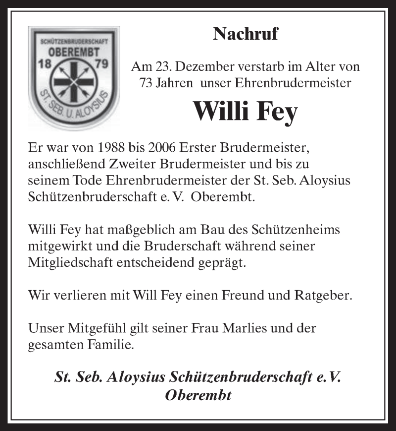  Traueranzeige für Willi Fey vom 06.01.2016 aus  Werbepost 