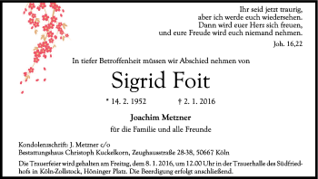 Anzeige von Sigrid Foit von Kölner Stadt-Anzeiger / Kölnische Rundschau / Express