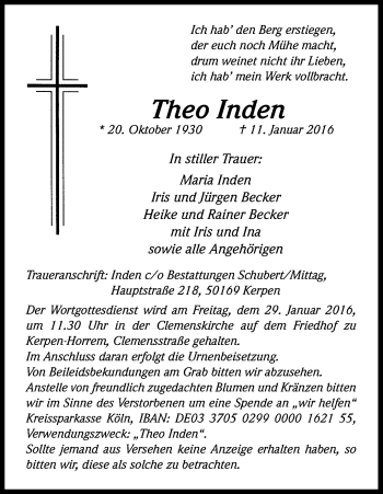 Anzeige von Theo Inden von Kölner Stadt-Anzeiger / Kölnische Rundschau / Express
