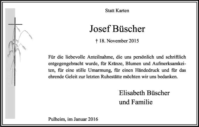  Traueranzeige für Josef Büscher vom 02.01.2016 aus Kölner Stadt-Anzeiger / Kölnische Rundschau / Express