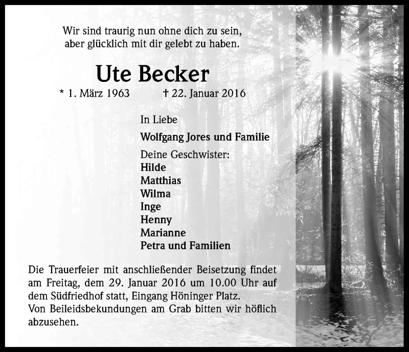  Traueranzeige für Ute Becker vom 27.01.2016 aus Kölner Stadt-Anzeiger / Kölnische Rundschau / Express