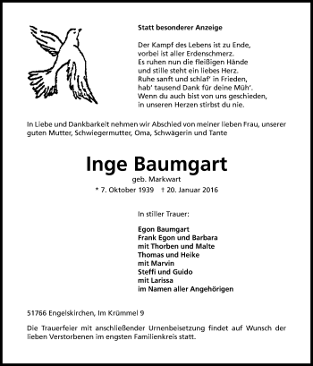 Anzeige von Inge Baumgart von Kölner Stadt-Anzeiger / Kölnische Rundschau / Express