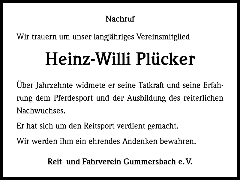  Traueranzeige für Heinz-Willi Plücker vom 23.01.2016 aus Kölner Stadt-Anzeiger / Kölnische Rundschau / Express