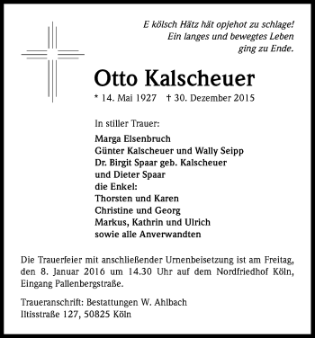 Anzeige von Otto Kalscheuer von Kölner Stadt-Anzeiger / Kölnische Rundschau / Express