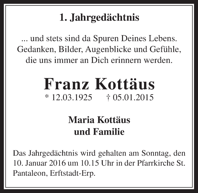  Traueranzeige für Franz Kottäus vom 06.01.2016 aus  Werbepost 
