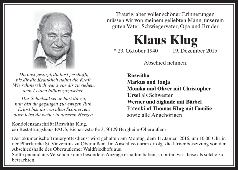  Traueranzeige für Klaus Klug vom 06.01.2016 aus  Werbepost 
