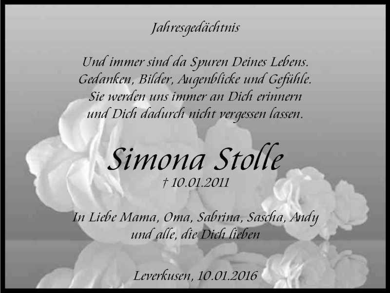  Traueranzeige für Simona Stolle vom 09.01.2016 aus Kölner Stadt-Anzeiger / Kölnische Rundschau / Express