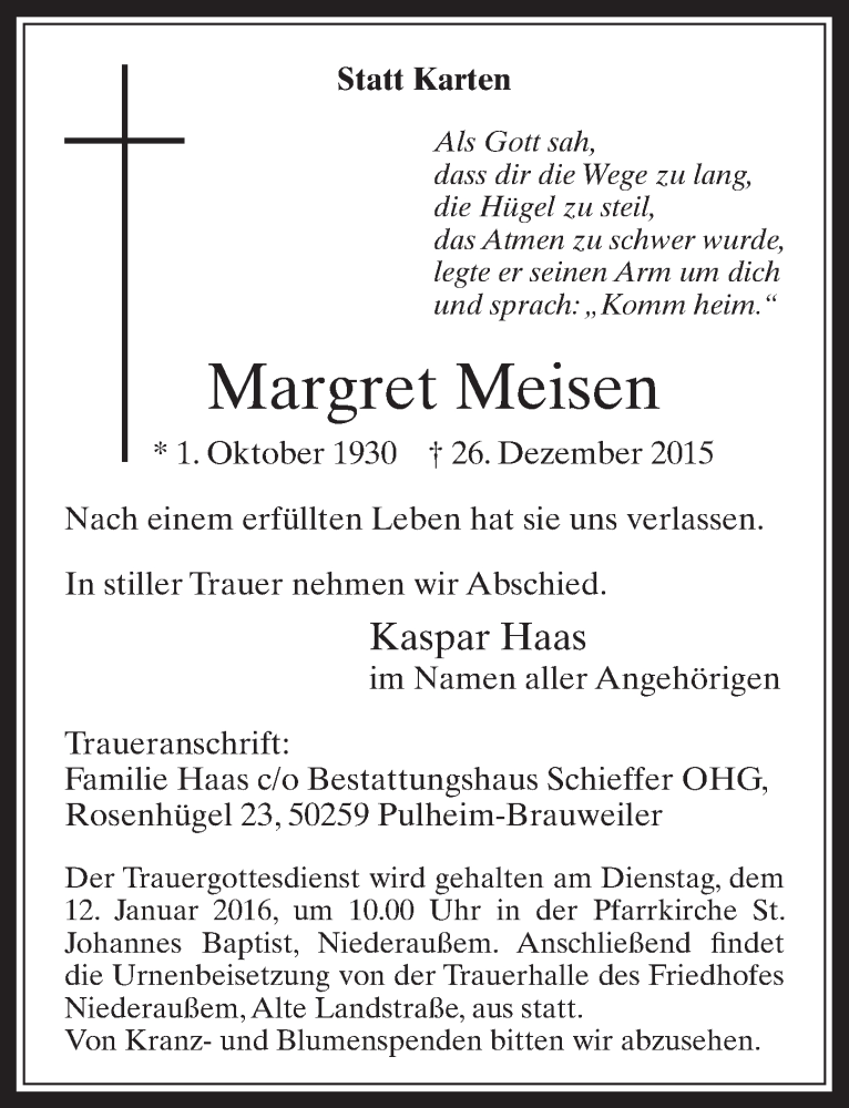  Traueranzeige für Margret Meisen vom 06.01.2016 aus  Werbepost 
