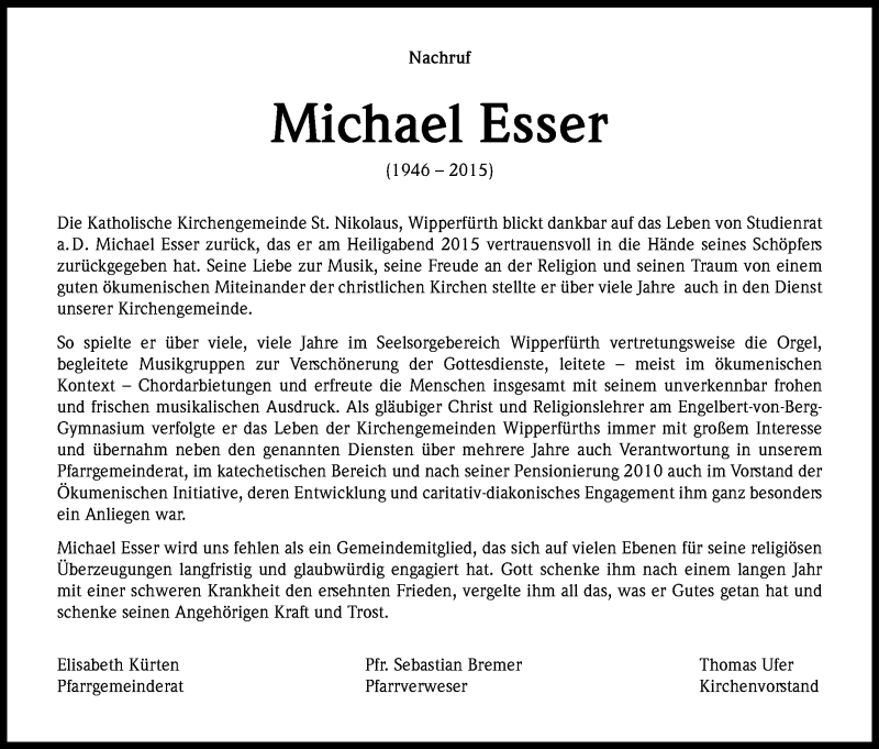  Traueranzeige für Michael Esser vom 08.01.2016 aus Kölner Stadt-Anzeiger / Kölnische Rundschau / Express