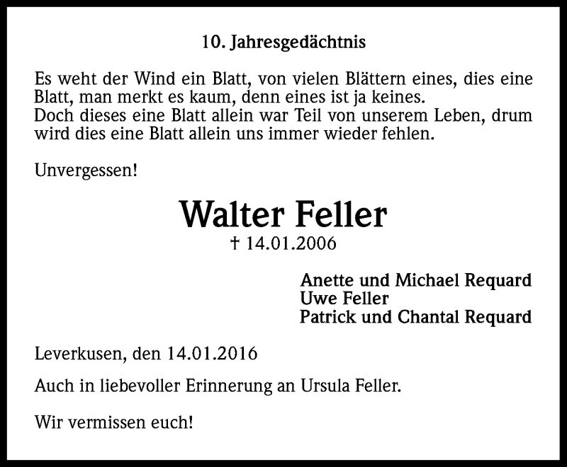  Traueranzeige für Walter Feller vom 14.01.2016 aus Kölner Stadt-Anzeiger / Kölnische Rundschau / Express