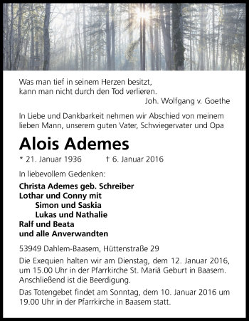 Anzeige von Alois Ademes von Kölner Stadt-Anzeiger / Kölnische Rundschau / Express