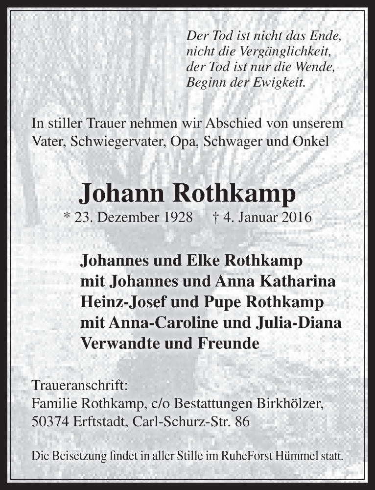 Traueranzeige für Johann Rothkamp vom 13.01.2016 aus  Werbepost 