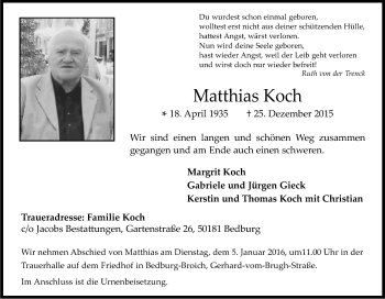 Anzeige von Matthias Koch von Kölner Stadt-Anzeiger / Kölnische Rundschau / Express