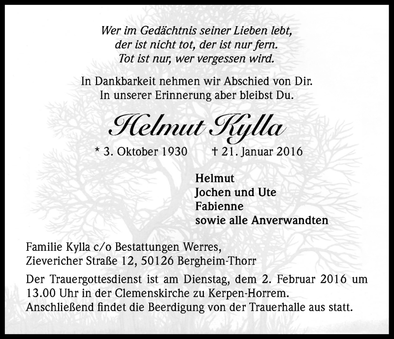  Traueranzeige für Helmut Kylla vom 28.01.2016 aus Kölner Stadt-Anzeiger / Kölnische Rundschau / Express