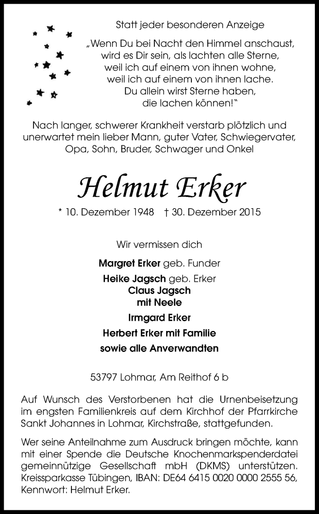  Traueranzeige für Helmut Erker vom 23.01.2016 aus Kölner Stadt-Anzeiger / Kölnische Rundschau / Express