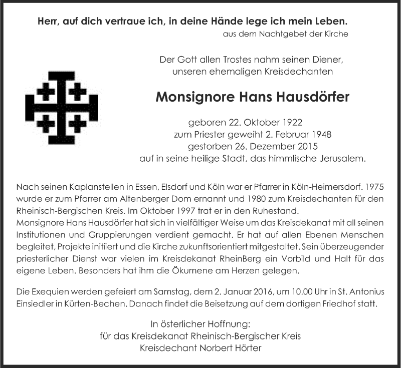  Traueranzeige für Hans Hausdörfer vom 02.01.2016 aus Kölner Stadt-Anzeiger / Kölnische Rundschau / Express