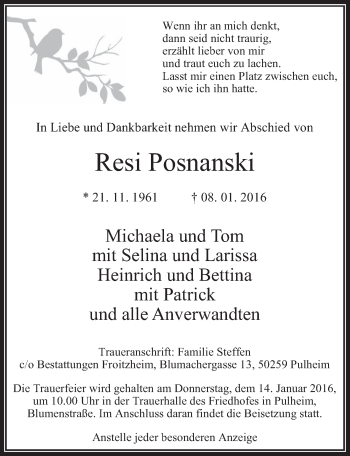Anzeige von Resi Posnanski von  Wochenende 