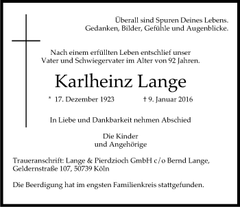 Anzeige von Karlheinz Lange von Kölner Stadt-Anzeiger / Kölnische Rundschau / Express