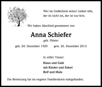 Anzeige von Anna Schiefer von Kölner Stadt-Anzeiger / Kölnische Rundschau / Express