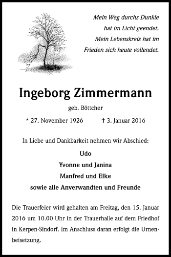 Anzeige von Ingeborg Zimmermann von Kölner Stadt-Anzeiger / Kölnische Rundschau / Express