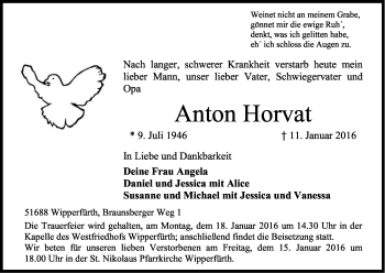 Anzeige von Anton Horvat von Kölner Stadt-Anzeiger / Kölnische Rundschau / Express