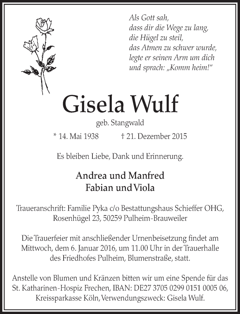  Traueranzeige für Gisela Wulf vom 02.01.2016 aus  Sonntags-Post 