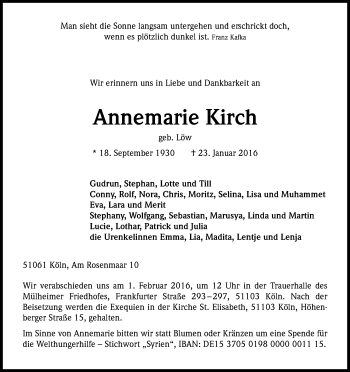 Anzeige von Annemarie Kirch von Kölner Stadt-Anzeiger / Kölnische Rundschau / Express