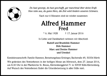 Anzeige von Alfred Hammer von Kölner Stadt-Anzeiger / Kölnische Rundschau / Express
