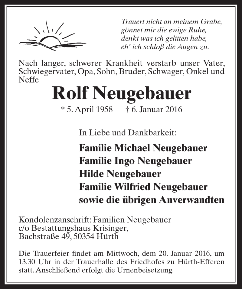  Traueranzeige für Rolf Neugebauer vom 13.01.2016 aus  Wochenende 