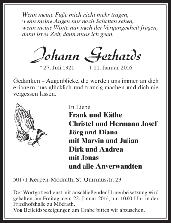 Anzeige von Johann Gerhards von  Werbepost 