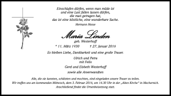Anzeige von Maria Linden von Kölner Stadt-Anzeiger / Kölnische Rundschau / Express