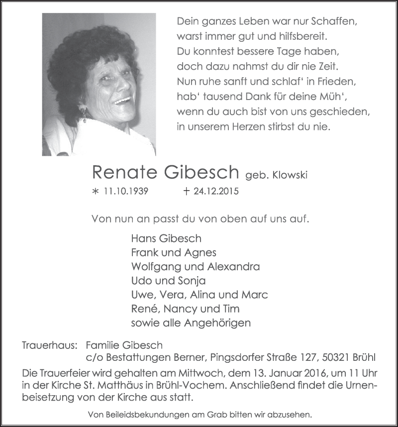  Traueranzeige für Renate Gibesch vom 06.01.2016 aus  Schlossbote/Werbekurier 