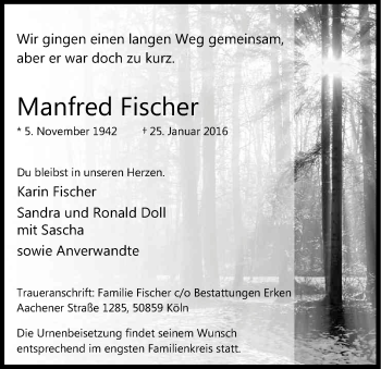 Anzeige von Manfred Fischer von Kölner Stadt-Anzeiger / Kölnische Rundschau / Express