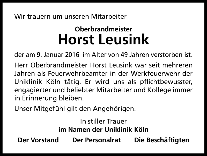  Traueranzeige für Horst Leusink vom 16.01.2016 aus Kölner Stadt-Anzeiger / Kölnische Rundschau / Express