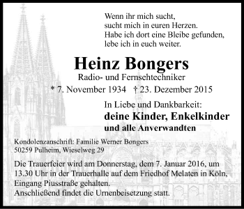 Anzeige von Heinz Bongers von Kölner Stadt-Anzeiger / Kölnische Rundschau / Express