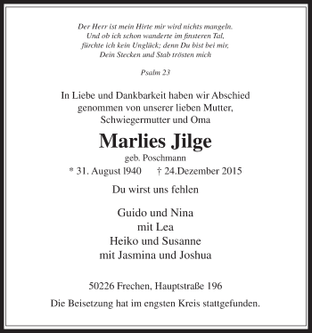 Anzeige von Marlies Jilge von  Wochenende 