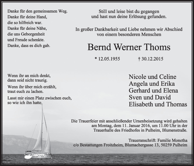  Traueranzeige für Bernd Werner Thoms vom 09.01.2016 aus  Sonntags-Post 