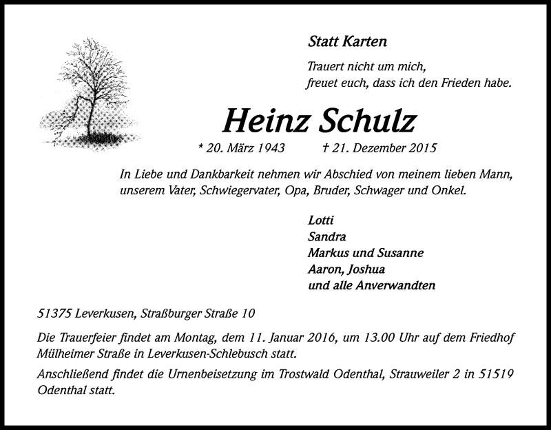 Traueranzeigen von Heinz Schulz WirTrauern