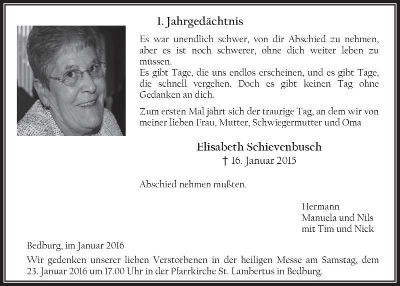 Traueranzeige für Elisabeth Schievenbusch vom 20.01.2016 aus  Werbepost 
