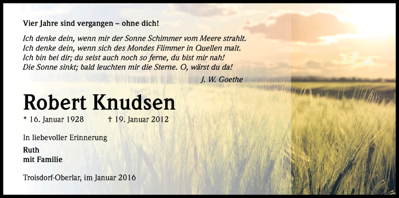  Traueranzeige für Robert Knudsen vom 16.01.2016 aus Kölner Stadt-Anzeiger / Kölnische Rundschau / Express