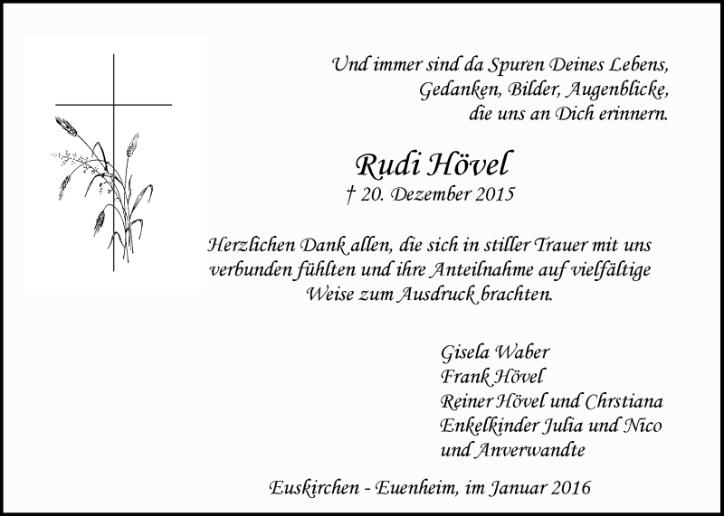  Traueranzeige für Rudi Hövel vom 10.01.2016 aus  Blickpunkt Euskirchen 